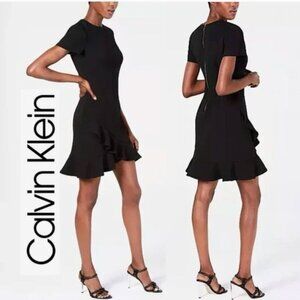 Calvin Klein Black Dress Ruffled Flirty Scuba Dress Size 10